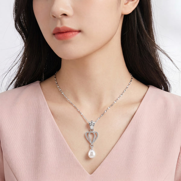 925 Sterling Silver Open Heart Pearl Drop Pendant – Elegant Dangle Pearl Charm