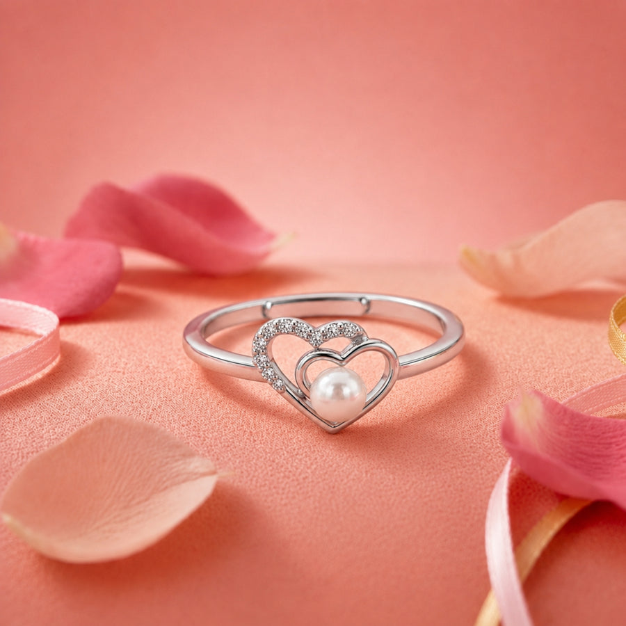 925 Sterling Silver Double Heart Pearl Ring – Adjustable Romantic Open Band with CZ Accents