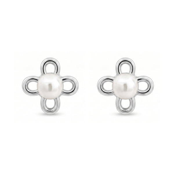 925 Sterling Silver Four-Petal Pearl Blossom Stud Earrings