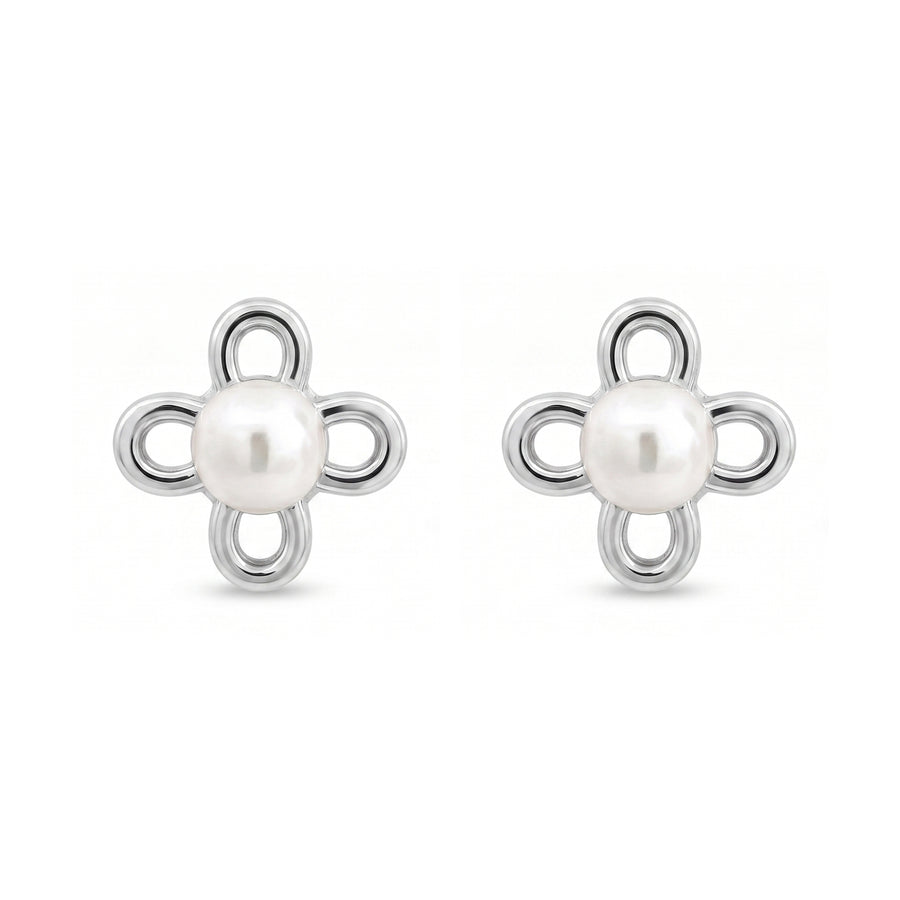 925 Sterling Silver Four-Petal Pearl Blossom Stud Earrings