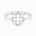925 Sterling Silver Floral Pearl Ring – Adjustable Flower Open Band with Cubic Zirconia Accents
