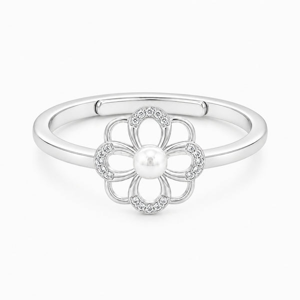 925 Sterling Silver Floral Pearl Ring – Adjustable Flower Open Band with Cubic Zirconia Accents