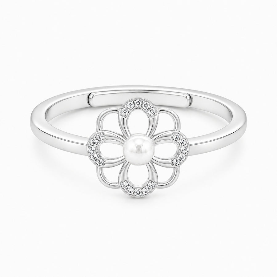 925 Sterling Silver Floral Pearl Ring – Adjustable Flower Open Band with Cubic Zirconia Accents