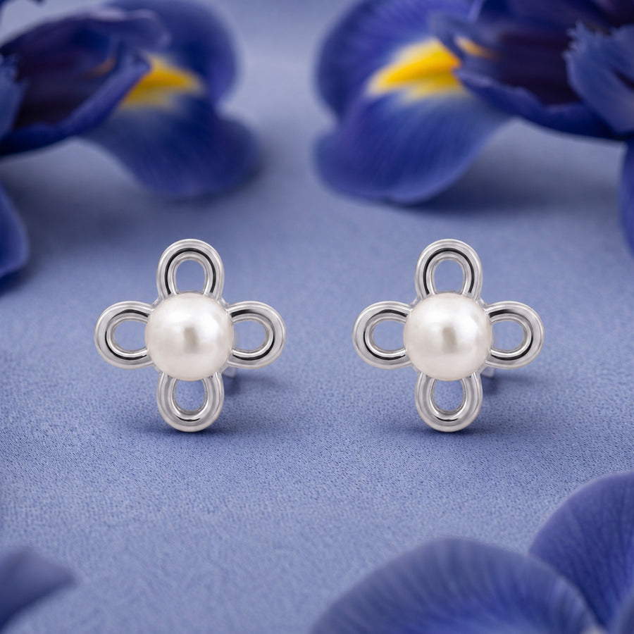 925 Sterling Silver Four-Petal Pearl Blossom Stud Earrings