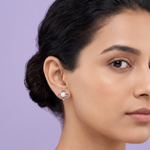 925 Sterling Silver Four-Petal Pearl Blossom Stud Earrings