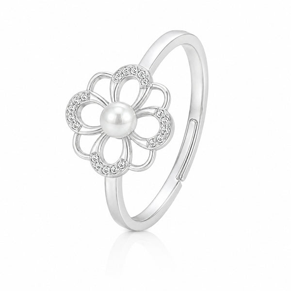 925 Sterling Silver Floral Pearl Ring – Adjustable Flower Open Band with Cubic Zirconia Accents