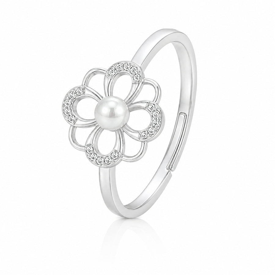 925 Sterling Silver Floral Pearl Ring – Adjustable Flower Open Band with Cubic Zirconia Accents