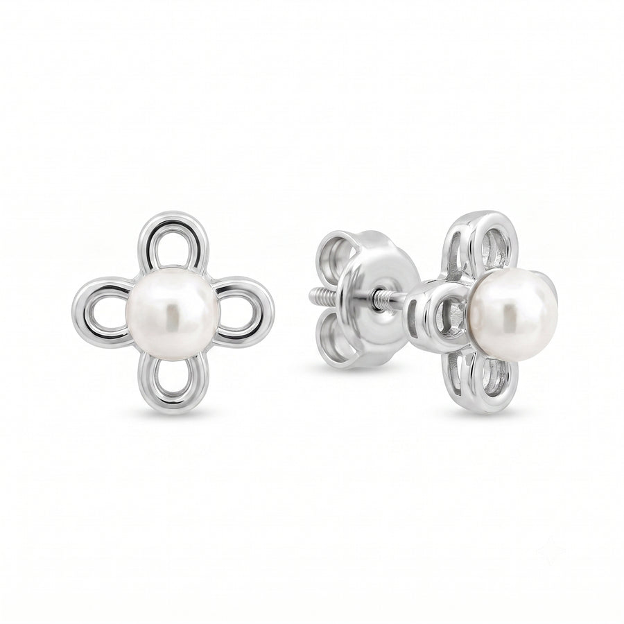 925 Sterling Silver Four-Petal Pearl Blossom Stud Earrings