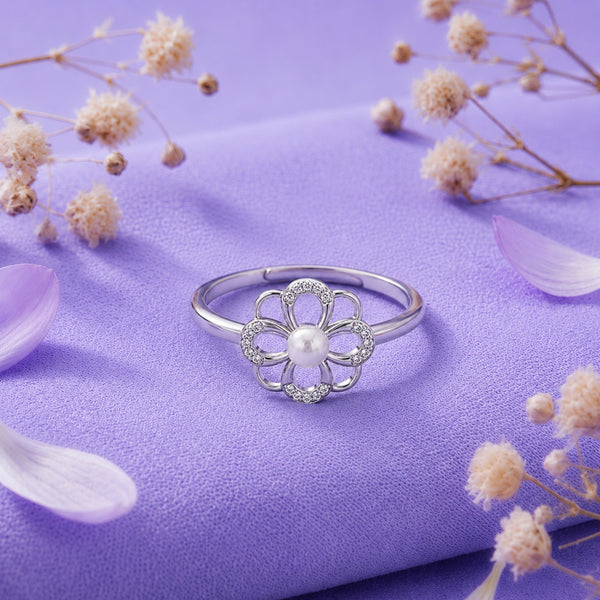 925 Sterling Silver Floral Pearl Ring – Adjustable Flower Open Band with Cubic Zirconia Accents