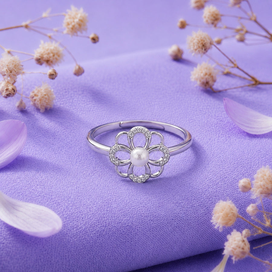 925 Sterling Silver Floral Pearl Ring – Adjustable Flower Open Band with Cubic Zirconia Accents