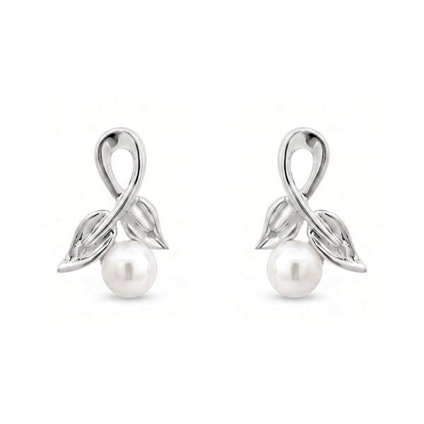Sterling Silver Leaf & Ribbon Freshwater Pearl Stud Earrings
