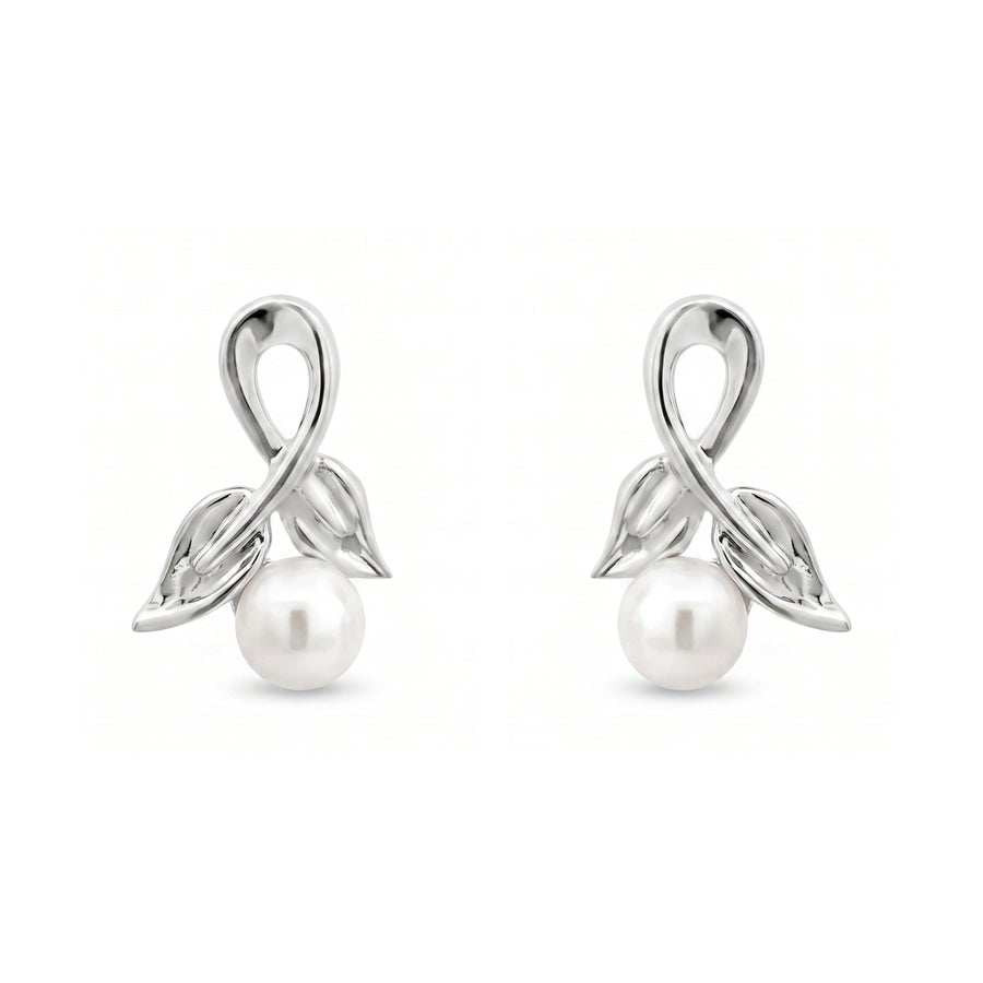 Sterling Silver Leaf & Ribbon Freshwater Pearl Stud Earrings