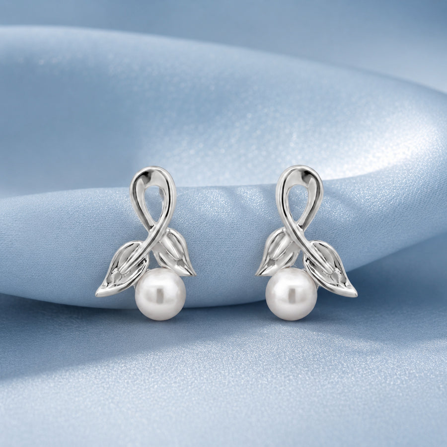 Sterling Silver Leaf & Ribbon Freshwater Pearl Stud Earrings