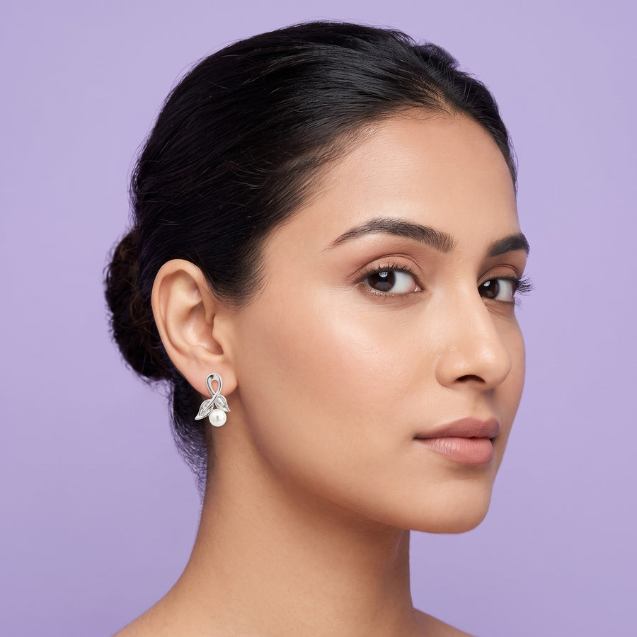 Sterling Silver Leaf & Ribbon Freshwater Pearl Stud Earrings