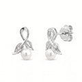 Sterling Silver Leaf & Ribbon Freshwater Pearl Stud Earrings