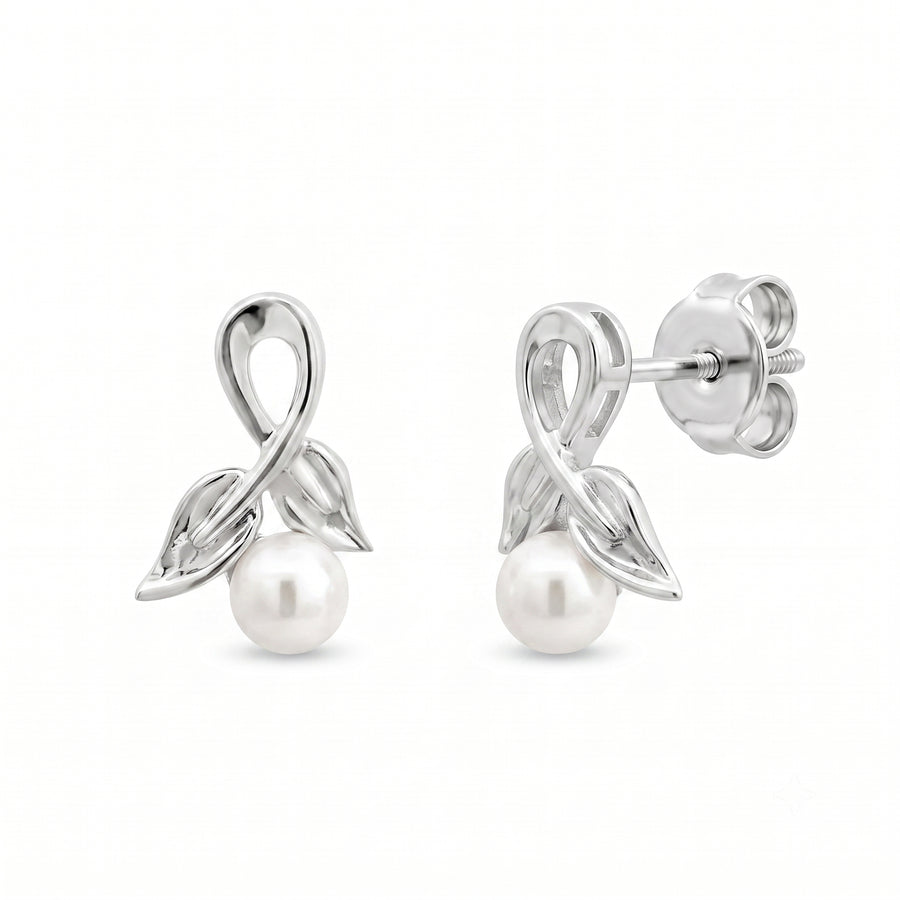 Sterling Silver Leaf & Ribbon Freshwater Pearl Stud Earrings