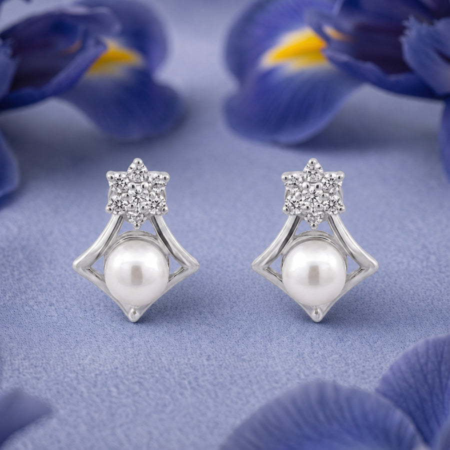 925 Silver Floral Cluster Freshwater Pearl Stud Earrings