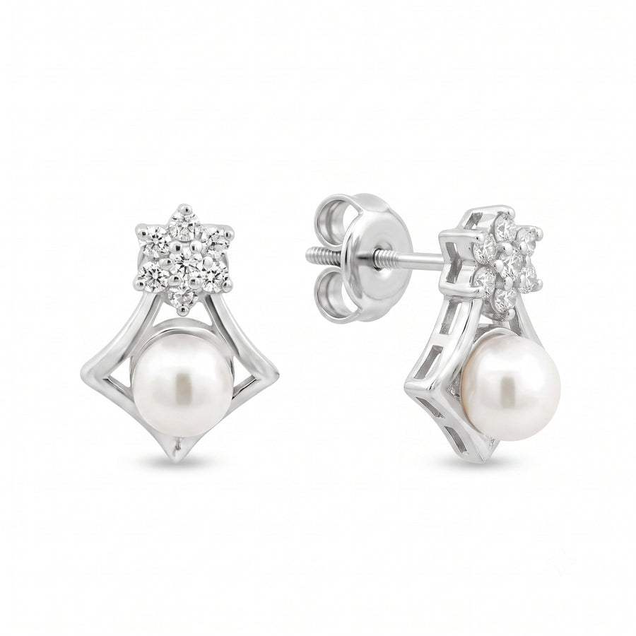 925 Silver Floral Cluster Freshwater Pearl Stud Earrings