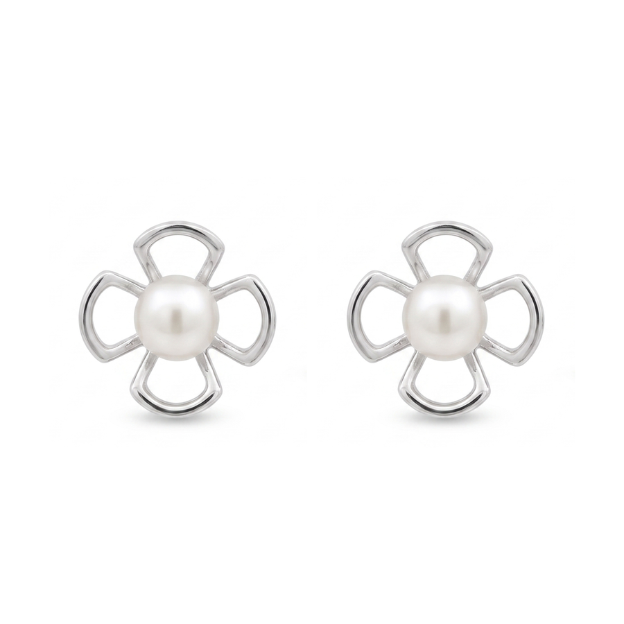 925 Silver Open Floral Freshwater Pearl Stud Earrings