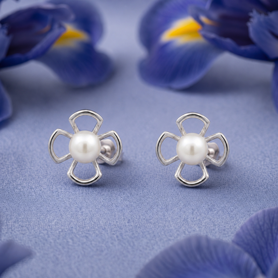 925 Silver Open Floral Freshwater Pearl Stud Earrings
