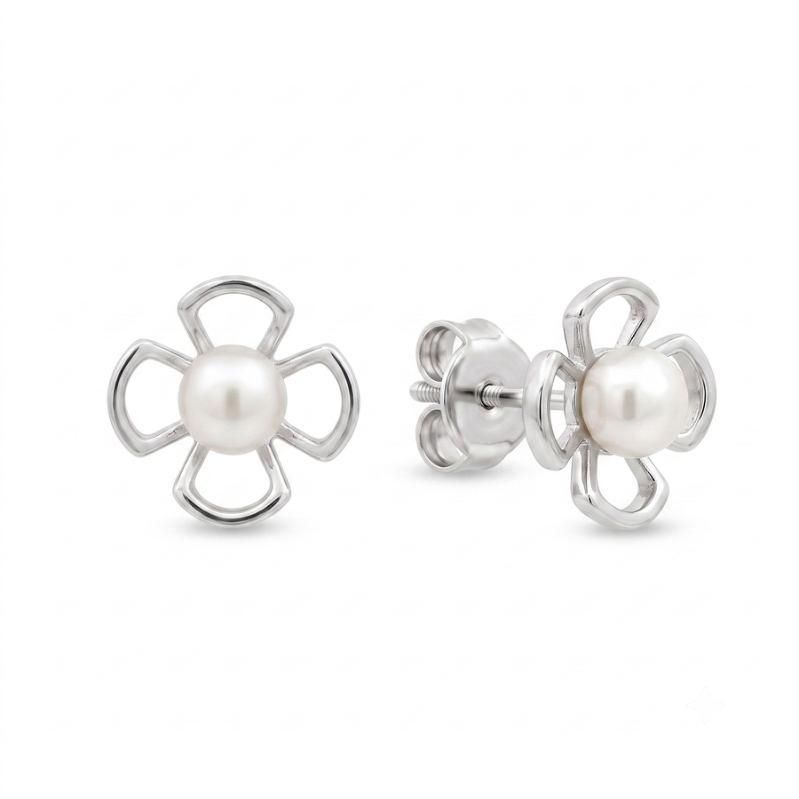 925 Silver Open Floral Freshwater Pearl Stud Earrings