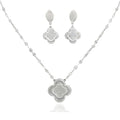 925 Silver Clover Pendant Necklace & Earrings Set – Elegant Textured Floral Jewelry for Women
