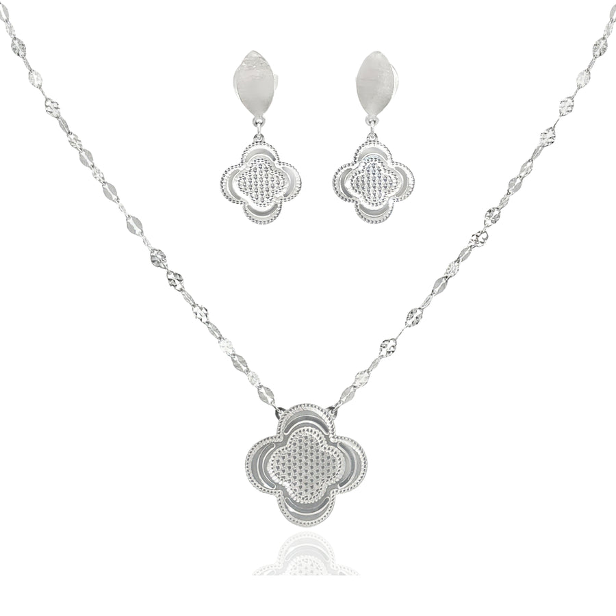 925 Silver Clover Pendant Necklace & Earrings Set – Elegant Textured Floral Jewelry for Women