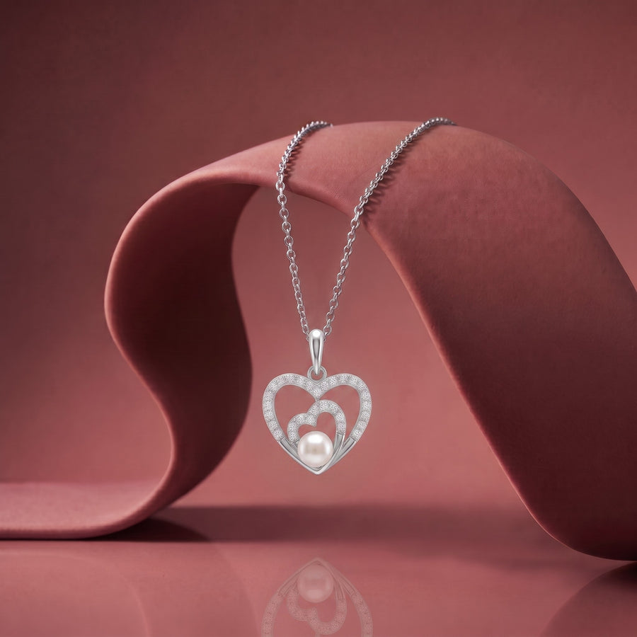 925 Sterling Silver Double Heart Pearl Pendant – CZ Heart Pearl Charm