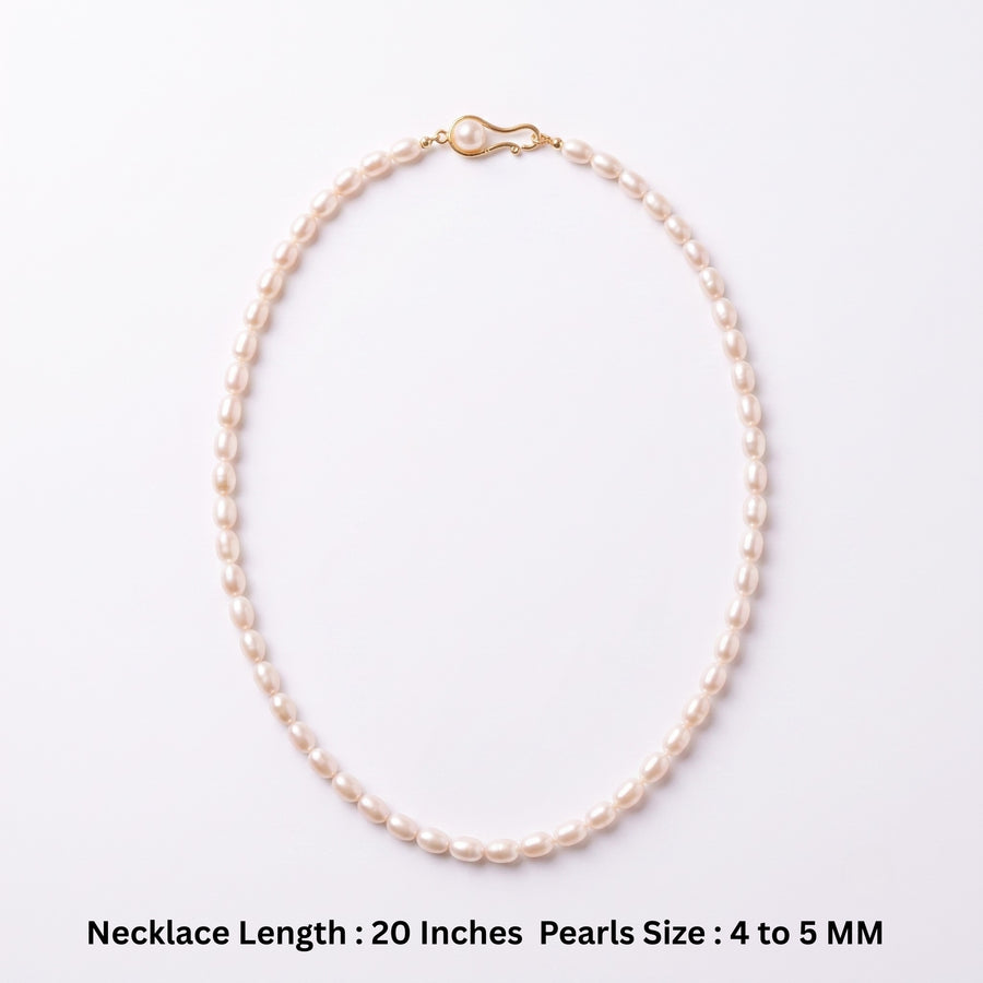 Elegant White Freshwater Kalgi Pearl Necklace – 20-Inch 4–5 mm Genuine Pearl Strand with Gold-Tone Pearl Clasp