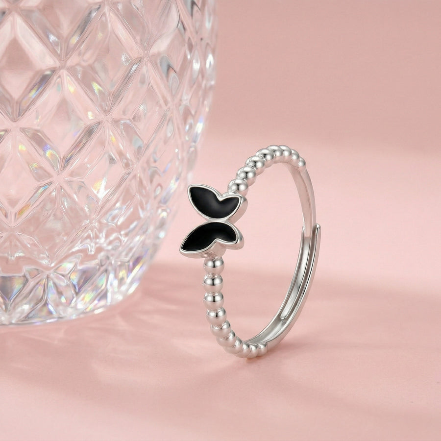 925 Sterling Silver Black Butterfly Adjustable Ring