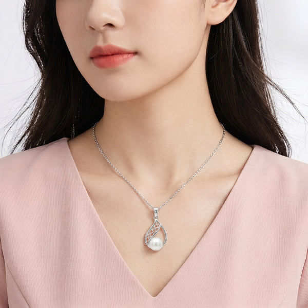 925 Sterling Silver Pearl Teardrop Pendant – Elegant Openwork Pearl Charm