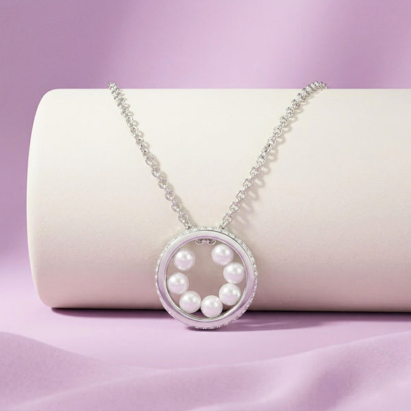 925 Silver Circular Pearl Pendant Necklace – Elegant Floating Pearl Ring Necklace for Women