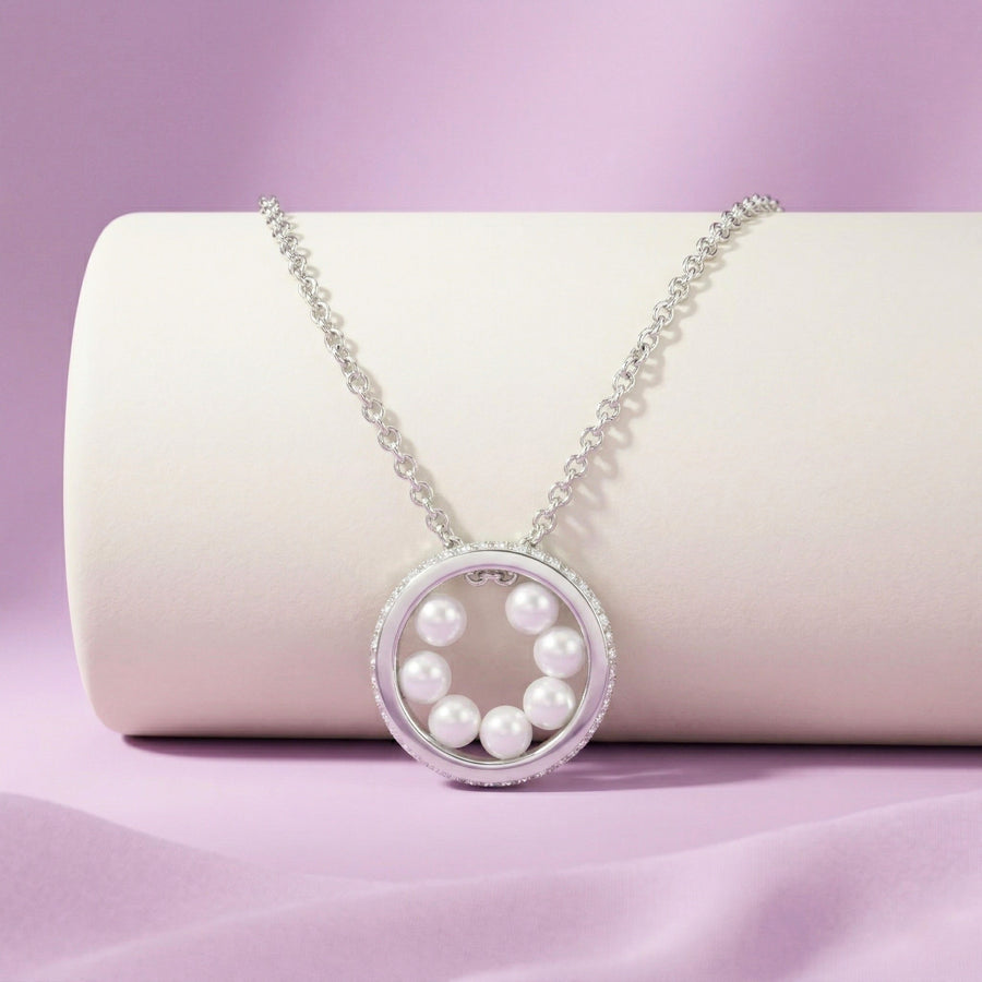 925 Silver Circular Pearl Pendant Necklace – Elegant Floating Pearl Ring Necklace for Women