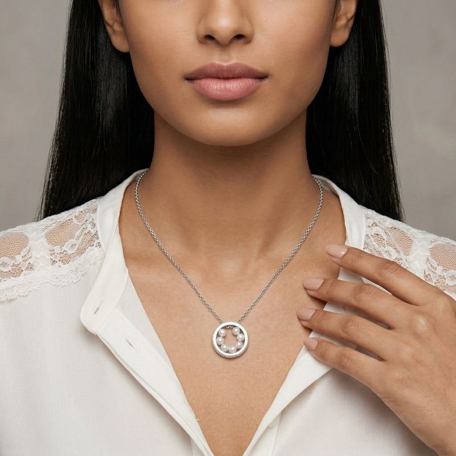925 Silver Circular Pearl Pendant Necklace – Elegant Floating Pearl Ring Necklace for Women