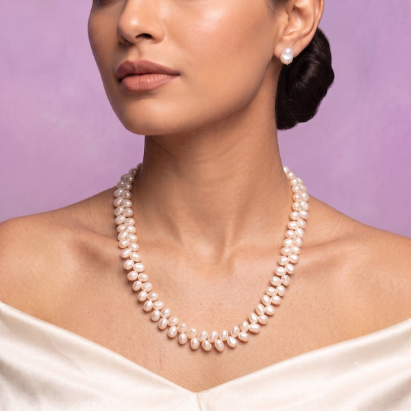Elegant White Freshwater Kalgi Pearl Necklace – 20-Inch Double-Strand Genuine Pearl Necklace with Gold-Tone Clasp