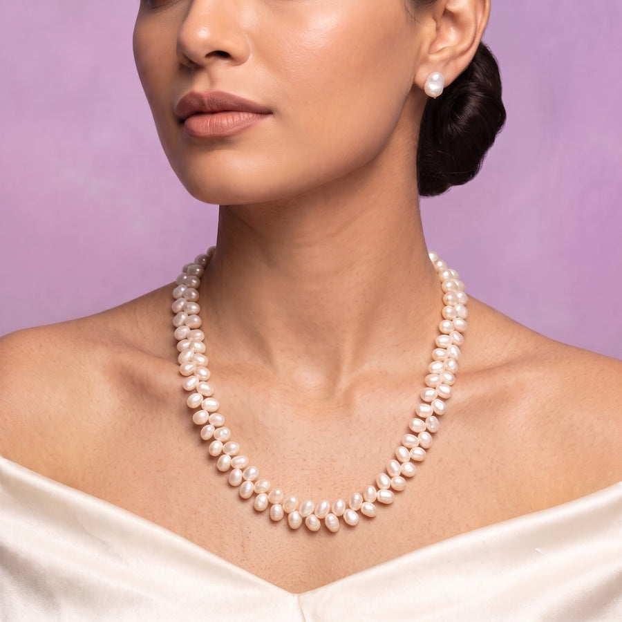 Elegant White Freshwater Kalgi Pearl Necklace – 20-Inch Double-Strand Genuine Pearl Necklace with Gold-Tone Clasp