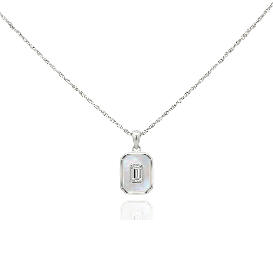 925 Silver Mother of Pearl Pendant Necklace – Minimalist Rectangular Charm with Emerald Cut Stone