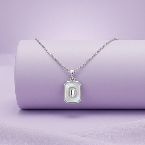 925 Silver Mother of Pearl Pendant Necklace – Minimalist Rectangular Charm with Emerald Cut Stone