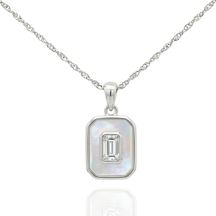 925 Silver Mother of Pearl Pendant Necklace – Minimalist Rectangular Charm with Emerald Cut Stone