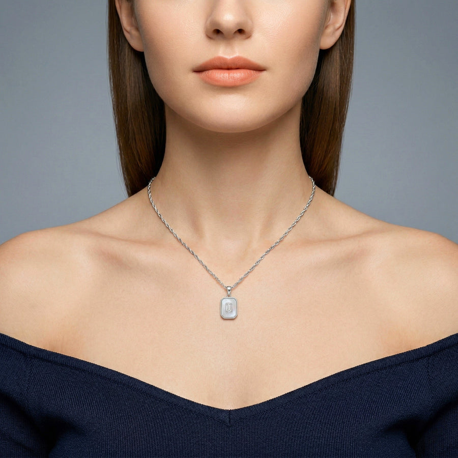 925 Silver Mother of Pearl Pendant Necklace – Minimalist Rectangular Charm with Emerald Cut Stone