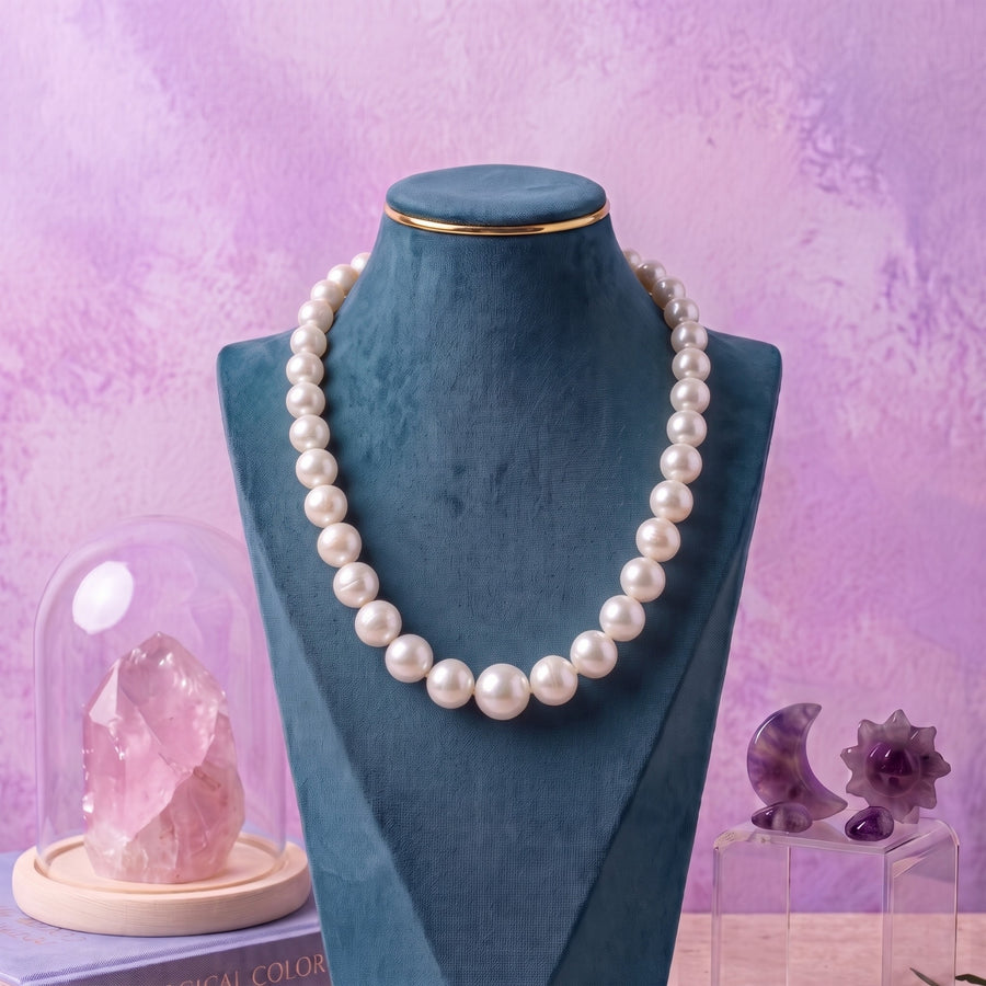 Elegant Graduated Round Pearl Necklace – 18 Inch White Pearl Mala (11–13 MM) with Gold-Tone Clasp | Classic Statement Pearl Necklace for Women
