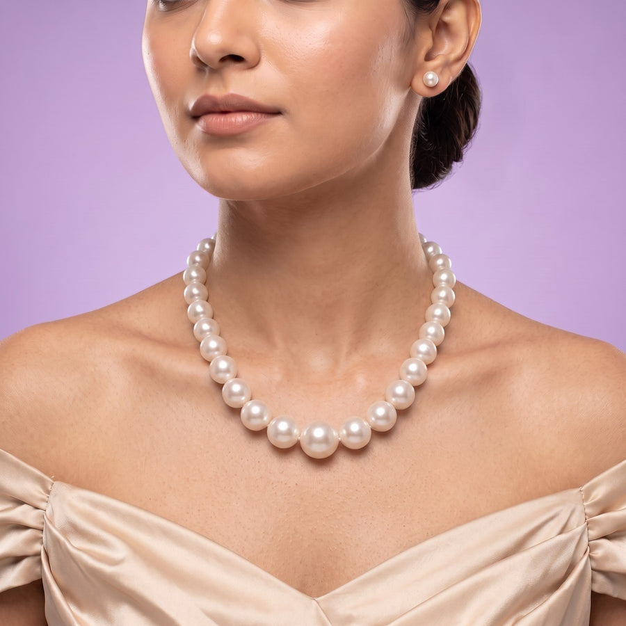 Elegant Graduated Round Pearl Necklace – 18 Inch White Pearl Mala (11–13 MM) with Gold-Tone Clasp | Classic Statement Pearl Necklace for Women