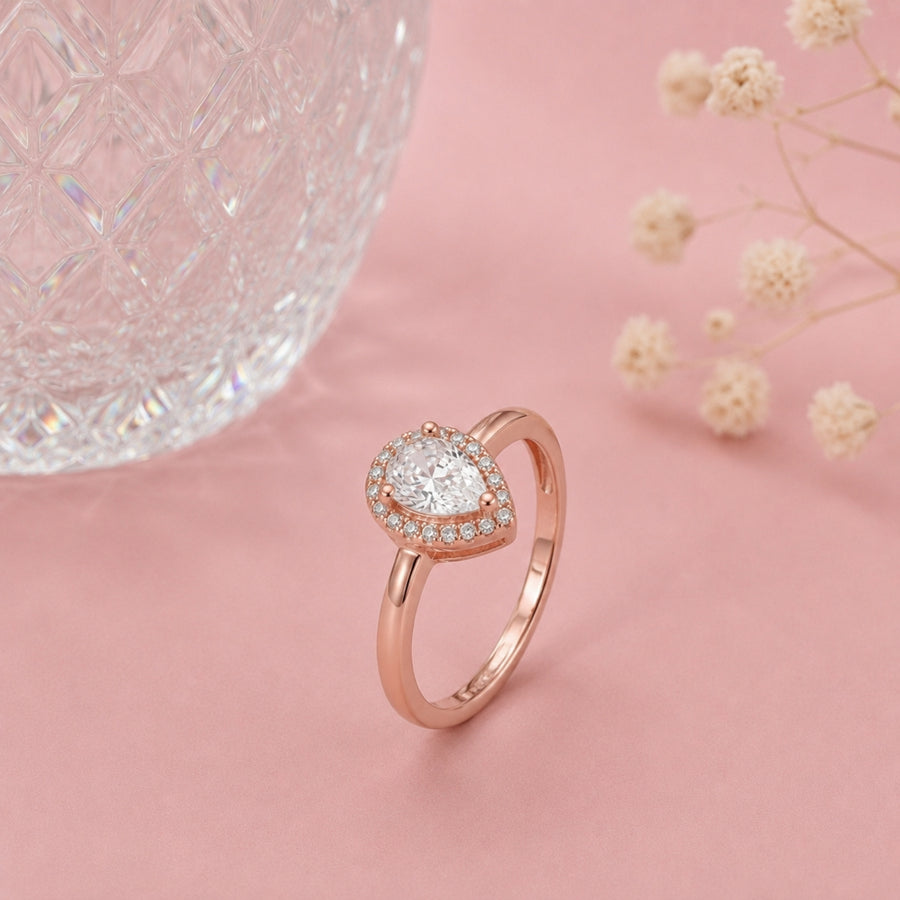 925 Sterling Silver Rose Gold Pear Halo Adjustable Ring