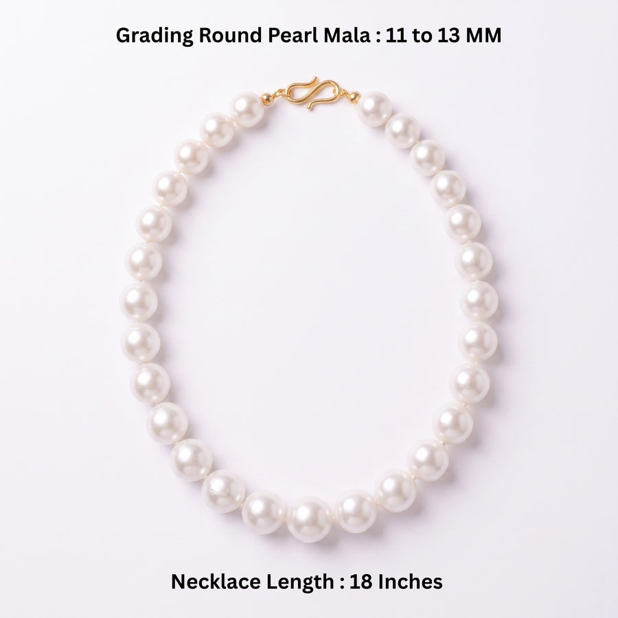 Elegant Graduated Round Pearl Necklace – 18 Inch White Pearl Mala (11–13 MM) with Gold-Tone Clasp | Classic Statement Pearl Necklace for Women