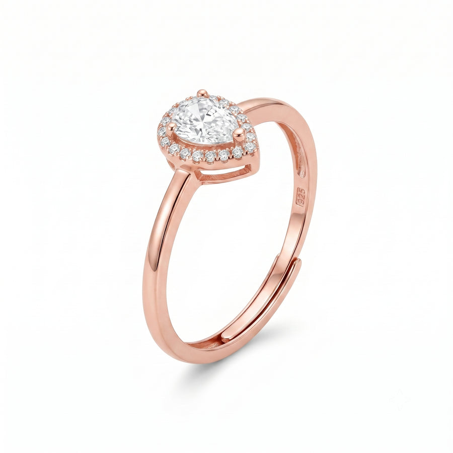 925 Sterling Silver Rose Gold Pear Halo Adjustable Ring