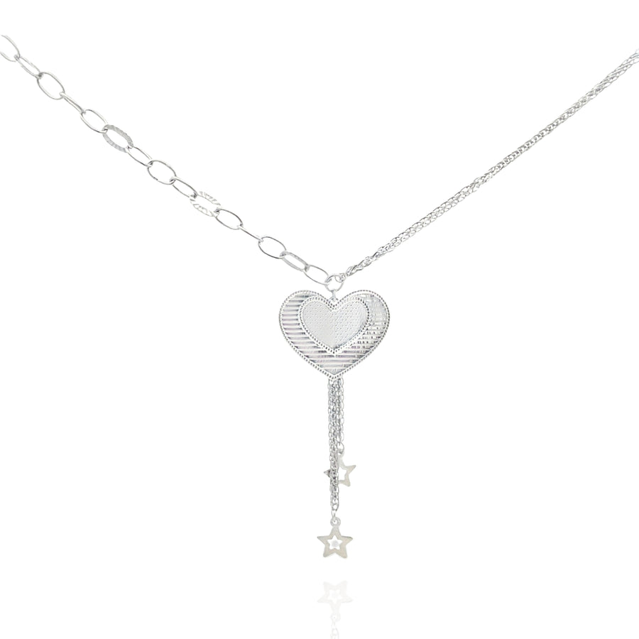 925 Silver Heart Pendant Necklace with Star Tassel – Romantic Drop Charm Design