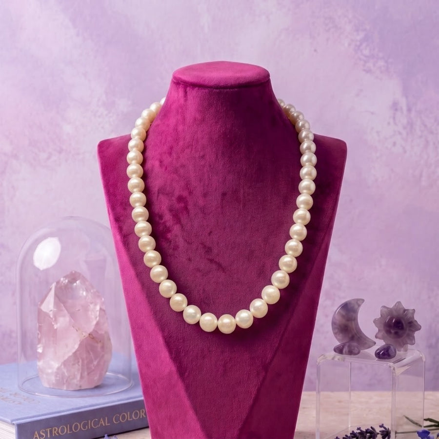 10 MM Round Pearl Mala Necklace for Women – 18 Inch White Pearl Necklace with Gold-Tone Clasp