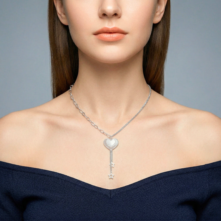 925 Silver Heart Pendant Necklace with Star Tassel – Romantic Drop Charm Design