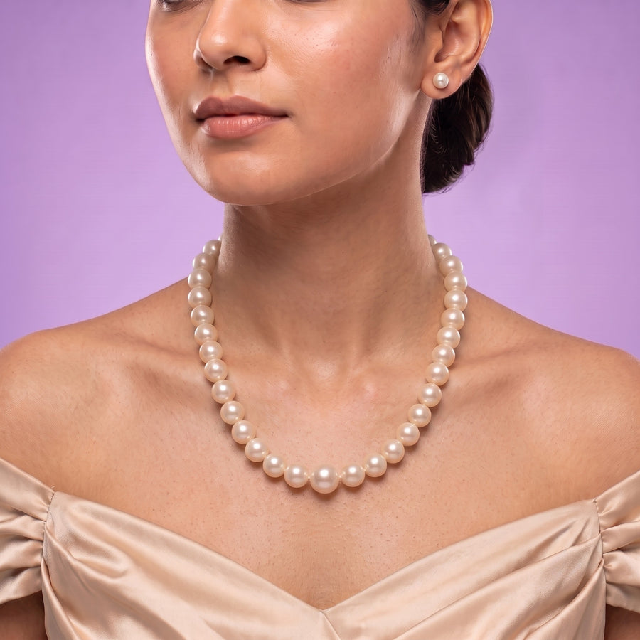 10 MM Round Pearl Mala Necklace for Women – 18 Inch White Pearl Necklace with Gold-Tone Clasp