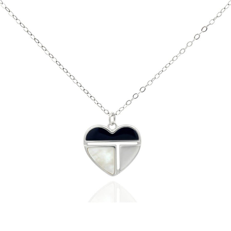 925 Silver Geometric Heart Pendant Necklace – Mother of Pearl & Enamel Minimalist Design